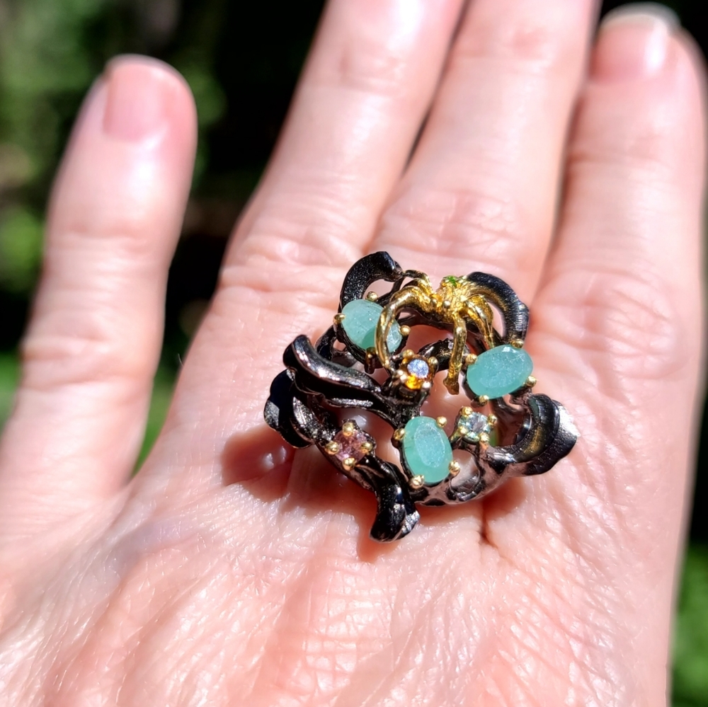 Emerald Peridot Tourmaline citrine aquamarine spider sterling silver ring sz9 - Picture 10 of 15